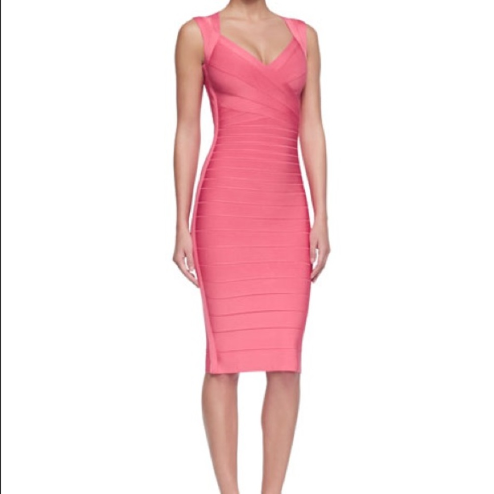 HERVE LEGER SARAI SIGNATURE SWEETHEART-NECK MIDI BANDAGE DRESS